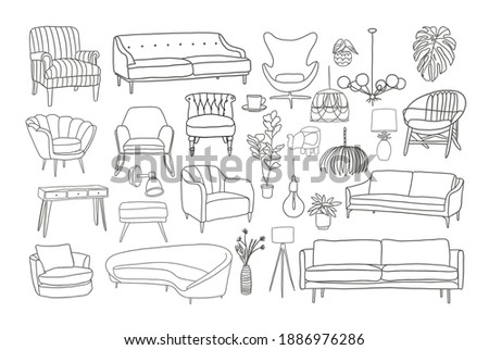 furniture collection. vector interior design elements. outlined furniture drawing. 