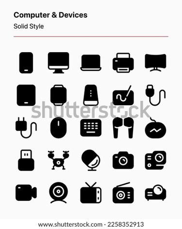 Customizable set of computer and device icons covering different kinds of computers, devices, gadgets, and accessories. Perfect for apps and websites interfaces, marketplaces, product catalogs, etc