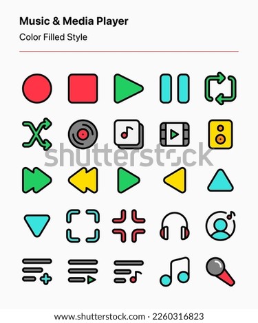 Customizable set of music and media player icons covering the navigation and control buttons. Perfect for apps and websites interfaces, marketing, businesses, presentations, and other projects