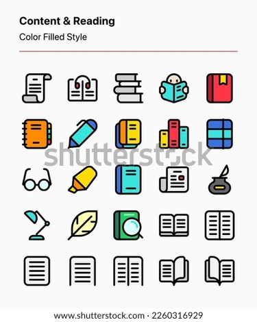 Customizable set of content and literature icons covering reading and writing elements. Perfect for apps, websites, blogs, libraries, e-readers, stores, businesses, publications, etc