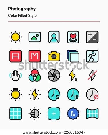 A set of customizable photography icons. Perfect for app and web interfaces, graphic design, and other projects