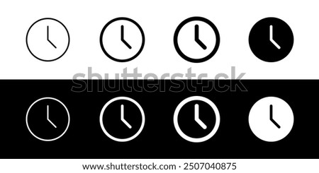 Editable vector time, analog clock icon. Black, line style, transparent white background. Part of a big icon set family. Perfect for web and app interfaces, presentations, infographics, etc