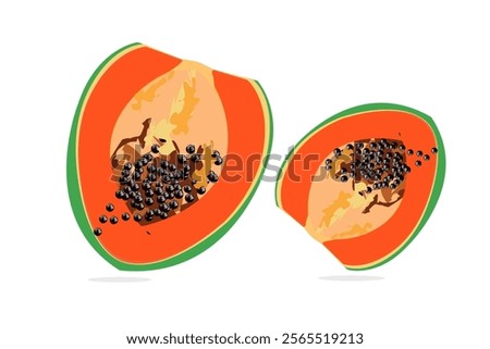 Isolated papaya in a row. Whole papaya fruit and two halves isolated on white background with clipping path