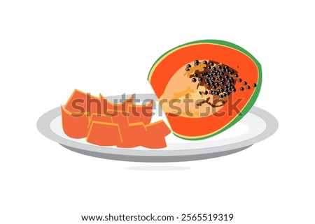 Isolated papaya in a row. Whole papaya fruit and two halves isolated on white background with clipping path