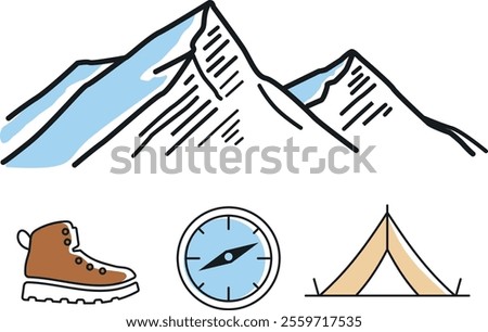 Illustration d'une montagne, d'une chaussure de randonnée, d'une boussole et d'une toile de tente 