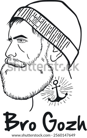 Portrait d'un homme de profil avec un bonnet et une barbe. Il a un tatouage dans le cou d'une ancre marine. 