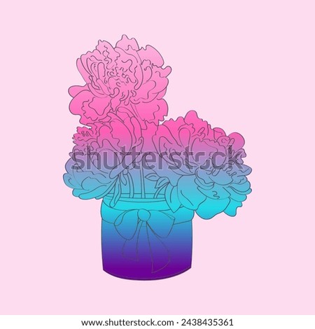 A vase sits on a table filled with a colorful arrangement of pink and blue peonies. The flowers look fresh and vibrant