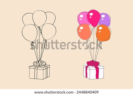 A hand-drawn illustration of colorful present boxes with ribbons and balloons floating above it. The balloons are of various sizes and colors, adding a festive touch to the scene