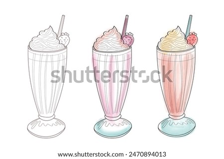 An illustration of three milkshakes, each with whipped cream and a strawberry on top. One milkshake is outlined, one is pink, and the other is peach.