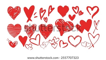 Set of red hearts in different pose. Collection of heart illustration with different style .Vector symbol icon set.