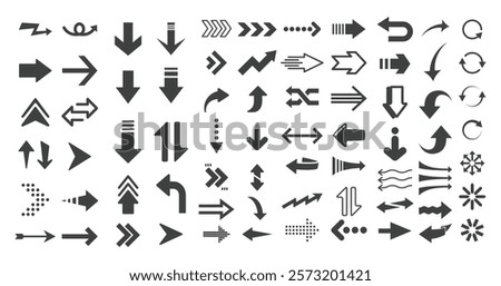 Set black modern arrows for web design. Arrows vector icon. Arrow icon. Set of big black vector arrows. Cursor, Click. Arrow icon pack