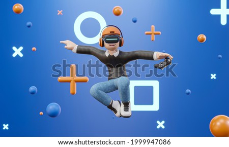 3D cartoon character man wearing virtual reality glasses and floating in the air playing a video game isolate blue background, video game, virtual world, Metaverse, Into the future - 3D render