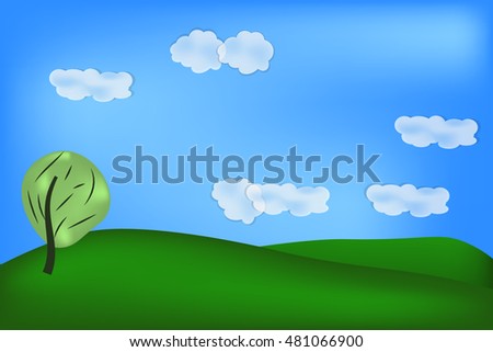 natural background of green feeld, sky, clouds and tree