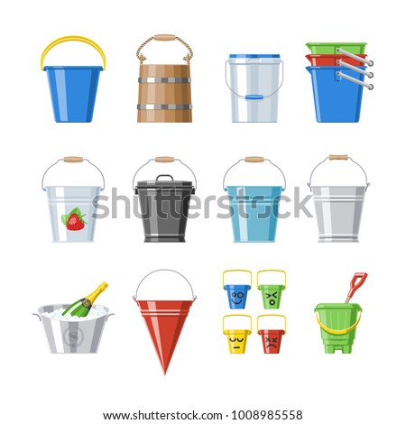 Bucket vector bucketful or wooden pailful and kids plastic pail for playing empty or with water bucketing down in garden and bitbucket for gardening set illustration isolated on white background