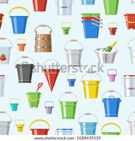 Bucket vector bucketful or wooden pailful and kids plastic pail for playing empty or with water bucketing down in garden and bitbucket for gardening set illustration seamless pattern background