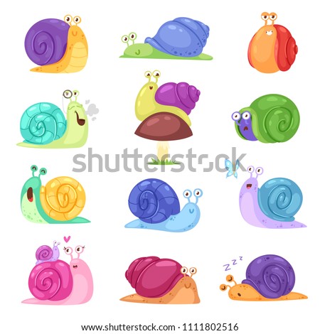 Snail vector snail-shaped character with shell and cartoon snailfish or snail-like mollusk kids illustration set of lovely snail-paced slugs isolated on white background