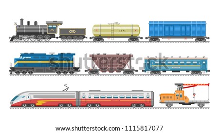 Train vector railway transport locomotive or wagon and subway or metro transportation illustration set of transportable vehicle or carriage on railroad station isolated on white background