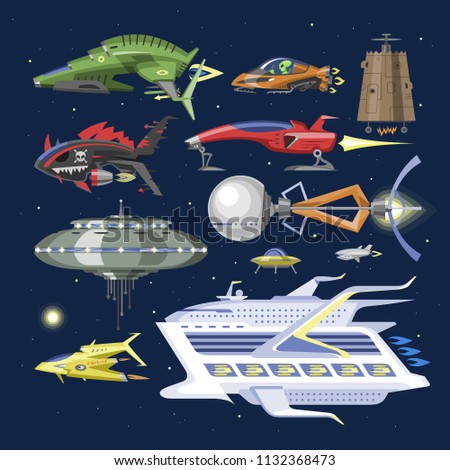 Spaceship vector spacecraft or rocket and spacy ufo illustration set of spaced ship or rocketship in universe space isolated on background