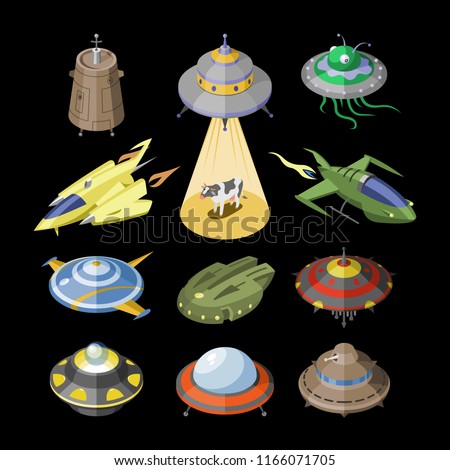 Rocket vector spaceship or rocketship and spacy ufo illustration set of spaced ship or spacecraft flying in universe space isolated on black background