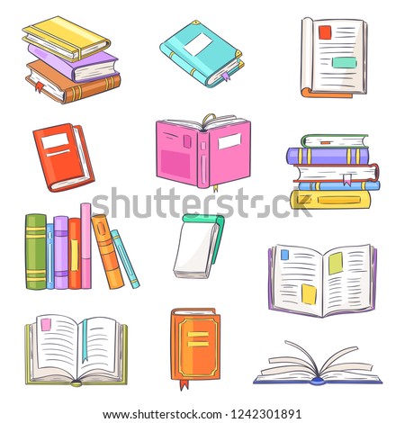 Books vector opened diary story-book and notebook on bookshelves in library or bookstore illustration set of bookish cover of school literature handbook isolated on white background