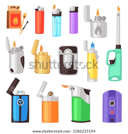 Lighter vector cigarette-lighter with fire or flame light to burn cigarette illustration set of flammable smoking equipment isolated on white background