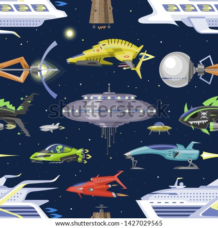 Spaceship vector spacecraft or rocket and spacy ufo illustration set of spaced ship or rocketship in universe space background