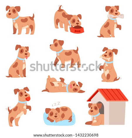 Dog vector little doggie puppy animal character playing or sleeping illustration animalistic doggy set of small doggish canine isolated on white background