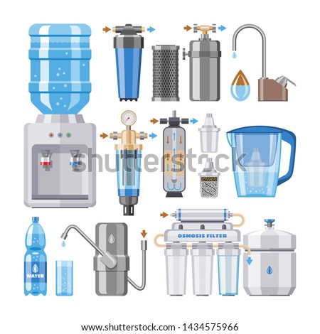 Water filter vector filtering clean drink in bottle and filtered or purified liquid illustration set of mineral filtration or purification to clear aqua isolated on white background