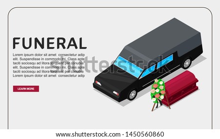 Funeral service isometric vector poster or web template on death theme. Black hearse vehicle near coffin with wreath. Burial deceased, memorial funeral ceremony planning. Imagine de stoc © 