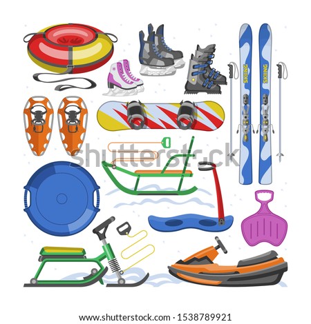 Winter sports equipment vector extreme snowboard ski skipoles snow-shoe and snowboarding boots illustration wintertime set of snow-skiing sledding spots isolated on white background.