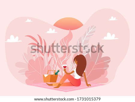 Picnic outdoor in nature, pink landscape, romantic weekend girl with basket and wine cartoon vector illustration. Romance, lone woman on picnic waiting for love, pink romantic sunset.