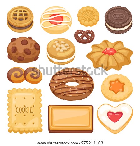 Different cookie cake isolated vector illustration. Tasty holidays traditional sugar cakes food cookie isolated on white. Jam, chocolate and cream