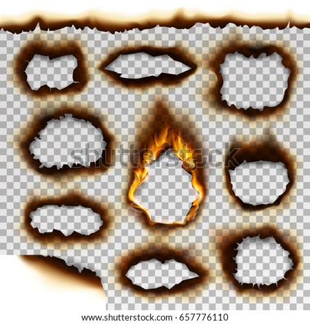 Collection of burnt faded holes piece burned paper realistic fire flame vector illustration Foto d'archivio © 