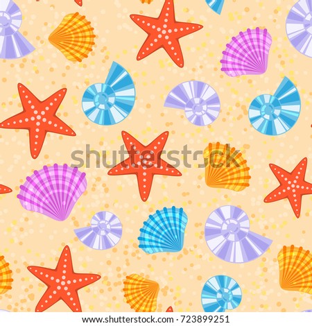 Sea shells and stars marine cartoon clam-shell seamless pattern background vector illustration