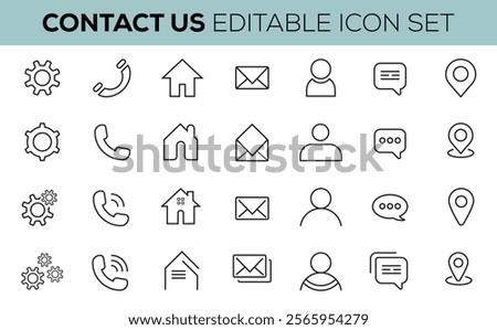 Contact icons. editable stroke line icons. Vector illustration on white background chat, setting, message, phone, home, business, location.