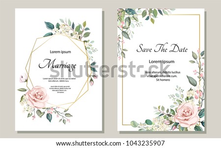 Set of card with flower rose, leaves. Wedding ornament concept. Floral poster, invite. Vector decorative greeting card or invitation design background Foto stock © 