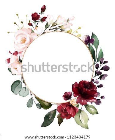 Card. Watercolor invitation design with burgundy and red roses, leaves. flower, background with floral elements , botanic watercolor illustration. Vintage Template. wreath, round frame  Foto d'archivio © 