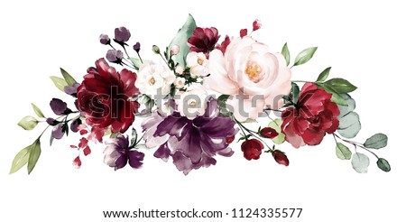  watercolor burgundy flowers. floral illustration, Leaf and buds. Botanic composition for wedding, greeting card.  branch of flowers - abstraction roses Foto d'archivio © 
