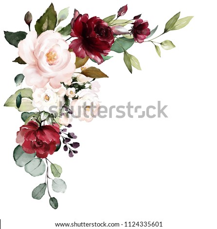  watercolor burgundy flowers. floral illustration, Leaf and buds. Botanic composition for wedding, greeting card.  branch of flowers - abstraction roses Foto d'archivio © 