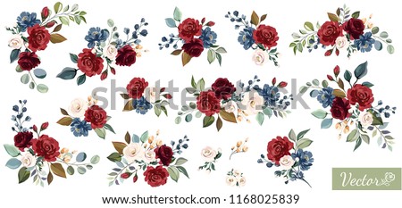 Set of floral branch. Flower red, burgundy, navy blue rose, green leaves. Wedding concept with flowers. Floral poster, invite. Vector arrangements for greeting card or invitation design Foto stock © 
