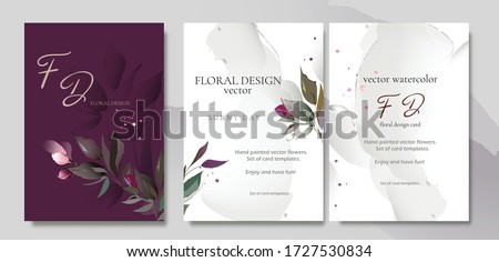 Set of card with flower rose, leaves. Wedding concept. Floral poster, invite. Vector watercolor decorative greeting card or invitation design background