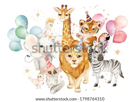 Watercolor animal  with balloons. Cute character