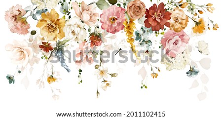 Set watercolor arrangements with garden roses. collection pink, yellow flowers, leaves, branches. Botanic illustration isolated on white background.  