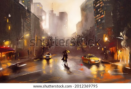 oil painting on canvas, street view of New York, man and woman, yellow taxi,  modern Artwork,  American city, watercolor illustration 