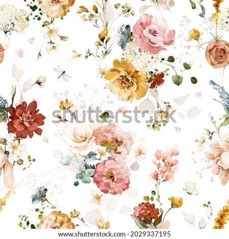 seamless watercolor pattern with garden pink, yellow flowers, leaves, branches. Botanic tile, background.  