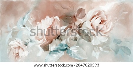 Oil painting with flower rose, leaves. Botanic print background on canvas -  triptych In Interior, art.  