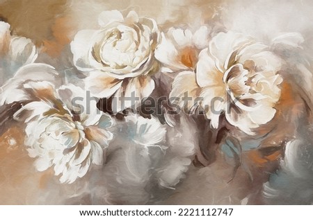 Oil painting with flower rose, peonies, gold leaves. Botanic print background on canvas -  floral triptych In Interior, art.  