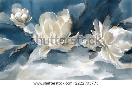 watercolor painting with abstract blue and white flowers water lilies, leaves. Botanic print background on canvas -  triptych In Interior, art wallpaper  