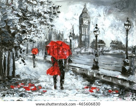 oil painting, street view of london. Artwork, Black, white and red, big ben