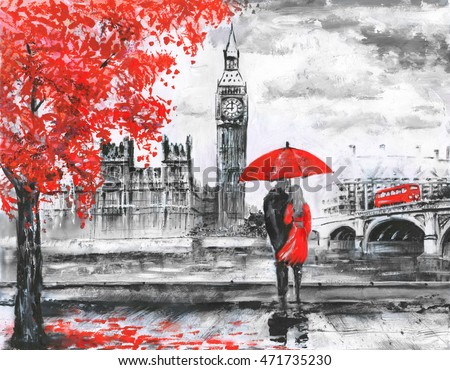 oil painting on canvas, street view of london, river and bus on bridge. Artwork. Big ben. man and woman under a red umbrella